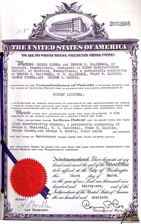 Patent Zippo du 3 mars 1936